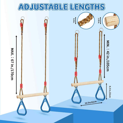 LadyRosian Wooden Trapeze Swing Bar, Adjustable Height Swing Set, Gym Rings, Playground Attachments, 16.5" Monkey Bar for Backyard, Playground, Playroom (Blue)