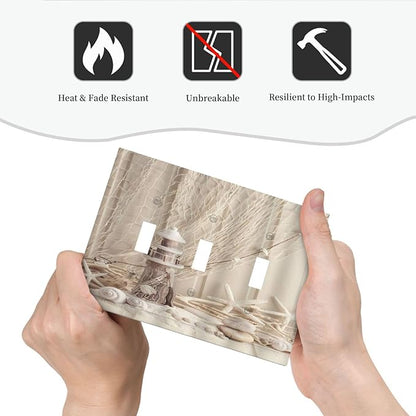 Nautical Coastal 3 Gang Light Switch Covers Seashell Fishing Net Ocean Lighthouse Starfish Triple Toggle Wall Plate Decorative Switchplate Electrical Faceplate Beach Theme Decor