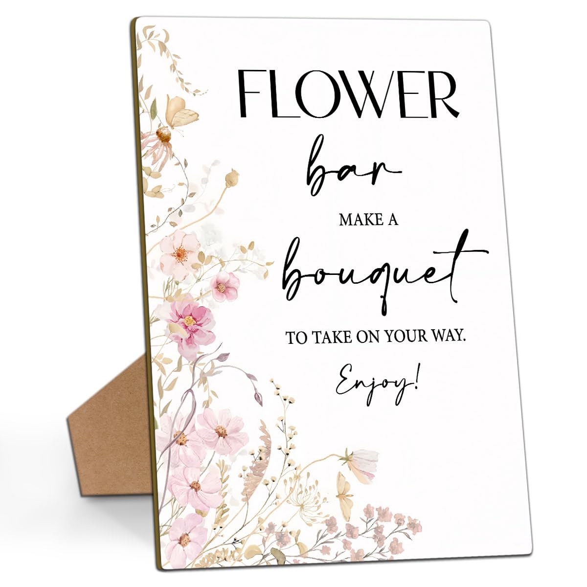 Floral Bloom Bar Sign Wedding Welcome Sign, Bridal Shower Wedding Engagement Bachelorette Party Desk Decorations, 8x11 Inch Wooden Sign with Stand-02