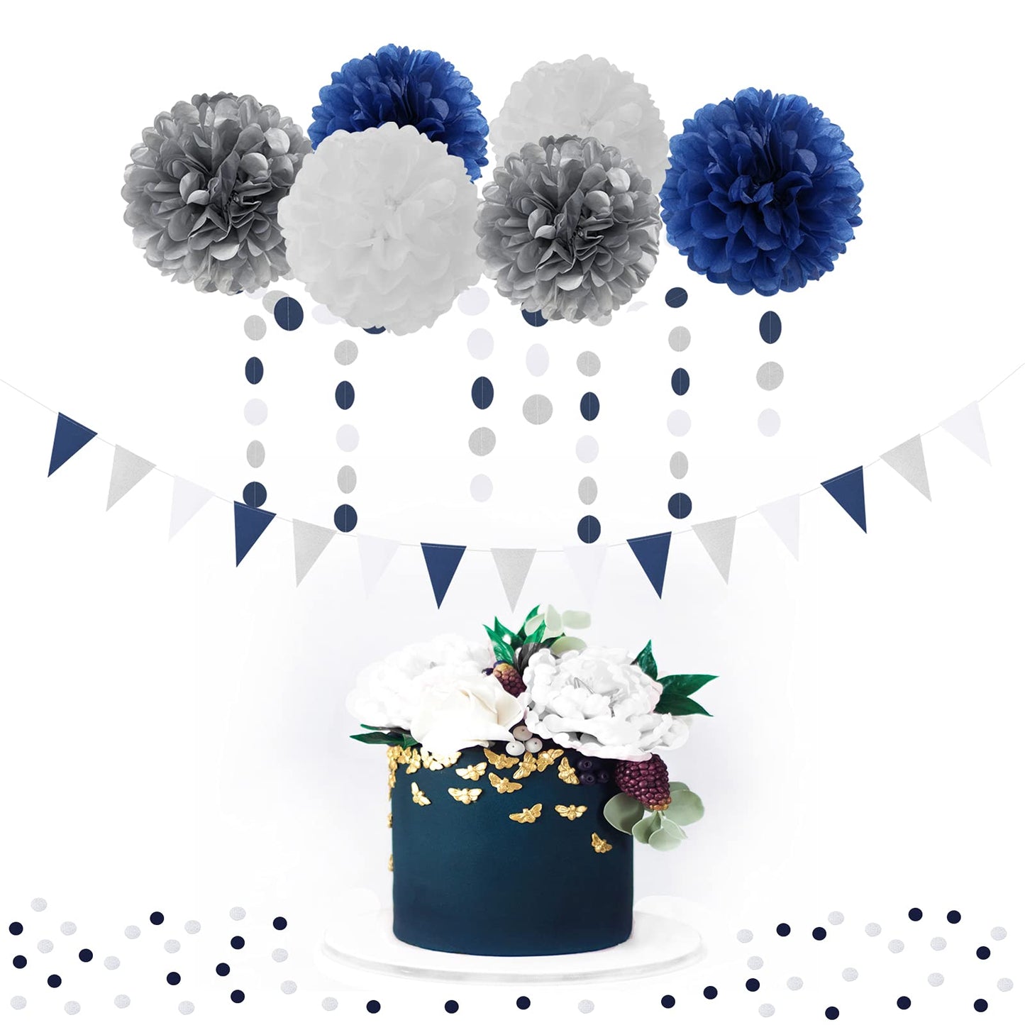 Navy Blue White Silver Party Decorations,23pcs Kit Graduation 2026 Tissue Paper Pom Poms Streamers,Tassel Garland Banner Flowers,Men Birthday Bachelorette Baby Shower Christmas Decor Lasting Surprise