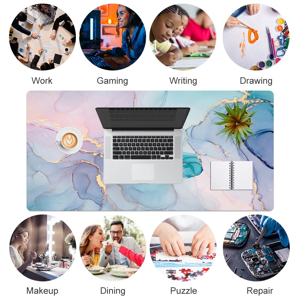 QIYI Large Mouse Pad, PU Leather Desk Mat for Desktop, Waterproof Gaming Desk Pad, Marble Full Desk Accessories Keyboard Mousepad, Abstract Art Home Office Décor 31.5" x 15.7" - Blue Pink Fluid