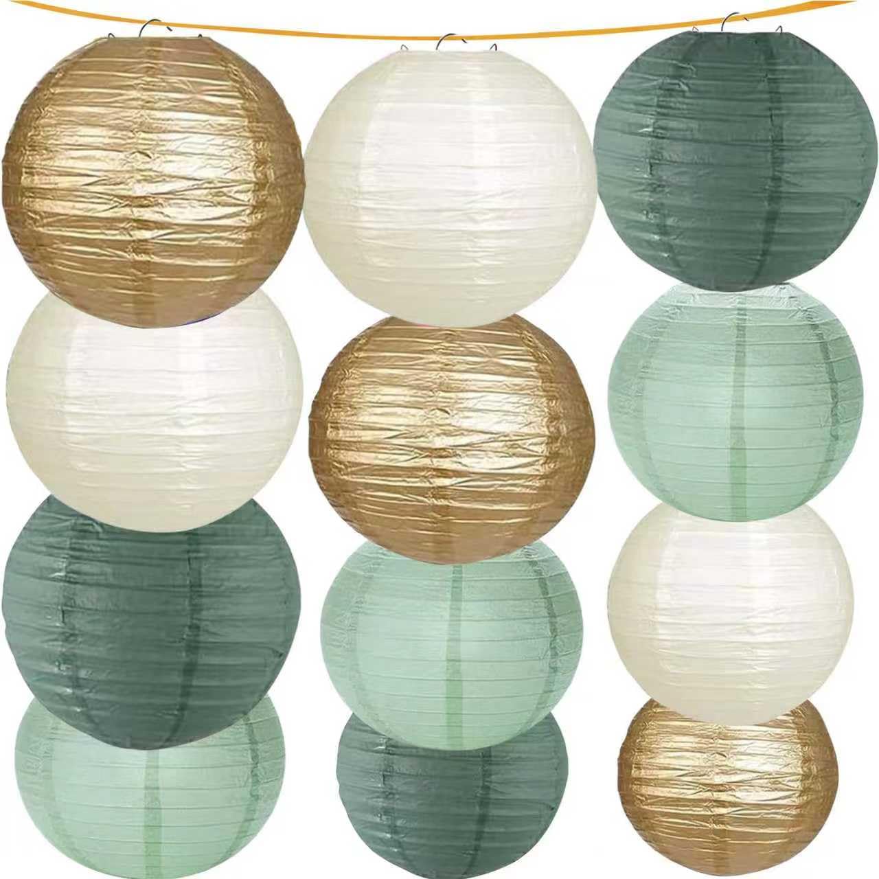 KUNYYI Green White Gold Paper Lanterns, 12Pcs Chiese Lanterns for Birthday Baby Shower Gender Reveal Wedding Party Decoration