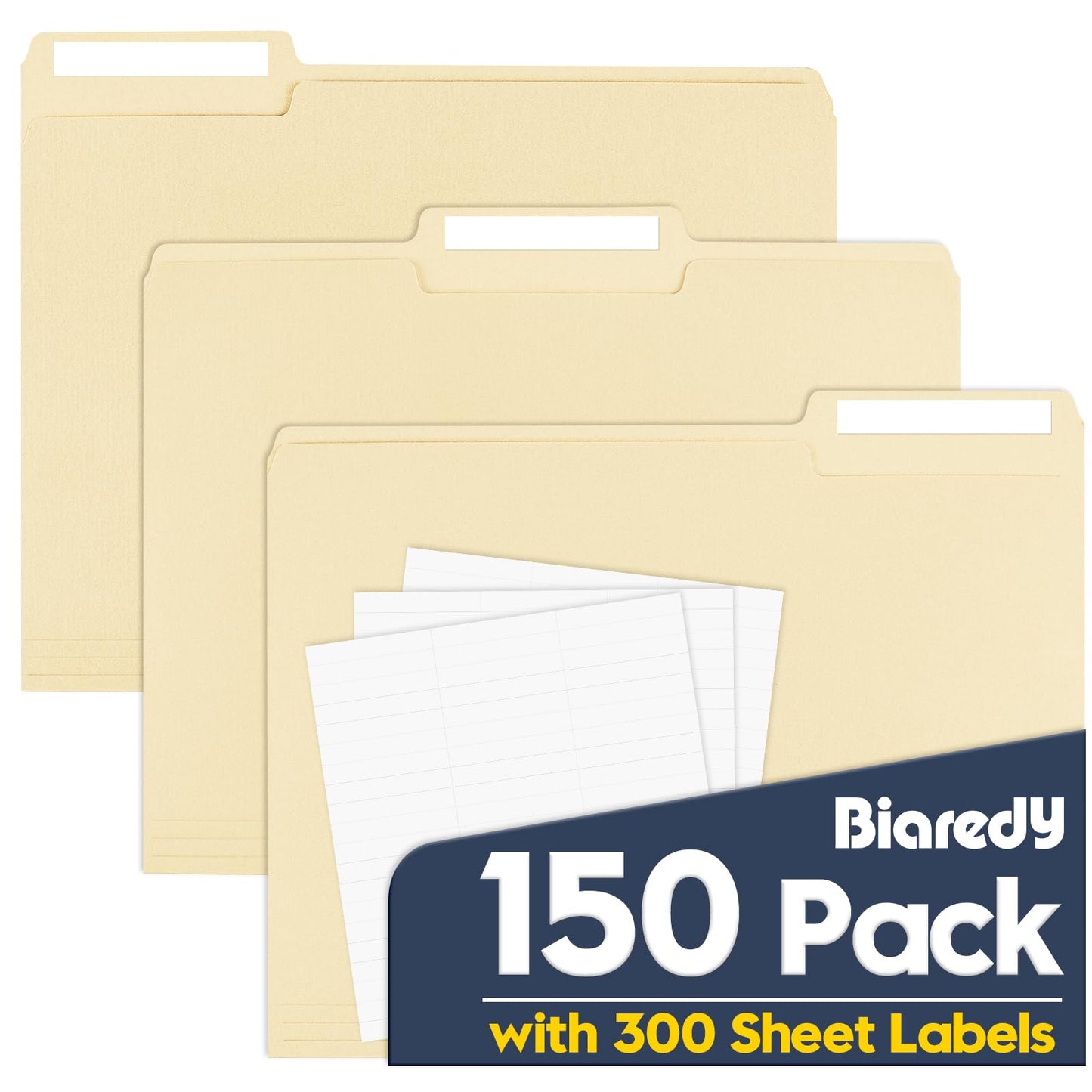 Manila File Folders, 150 Pack Bulk, Letter Size 8.5" x 11", 1/3 Cut Tabs in Assorted Positions, Includes Blank Labels, Sturdy Paper Stock for Office Business School Home Use,Manila