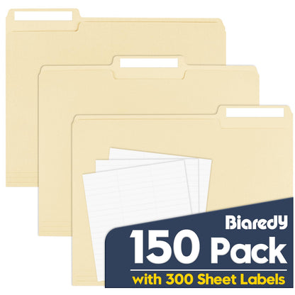 Manila File Folders, 150 Pack Bulk, Letter Size 8.5" x 11", 1/3 Cut Tabs in Assorted Positions, Includes Blank Labels, Sturdy Paper Stock for Office Business School Home Use,Manila