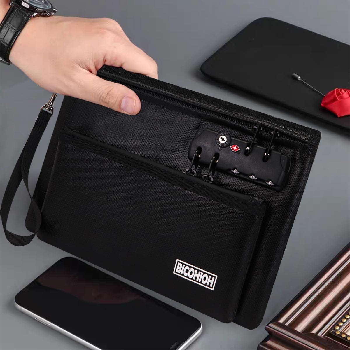 Fireproof Money Bag with Lock, Cash Bag Bank Bag for Cash, Valuable Storage Bag,Fireproof Safe Box Money Pouch with Zipper (BLACK, Small)