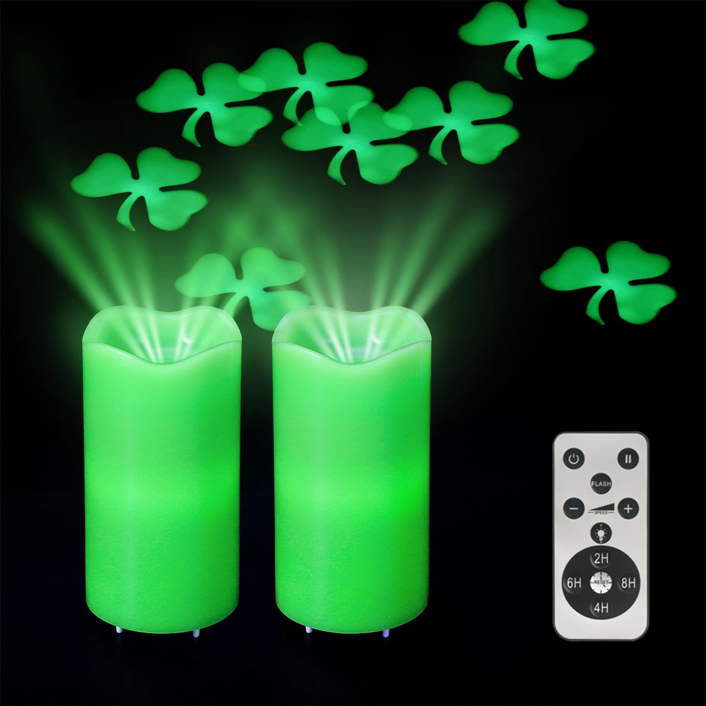 XingsLight St Patricks Day Decorations Flameless Candles with Lucky Clover Projector, Green LED Candle with Remote and Timer,2 Pack