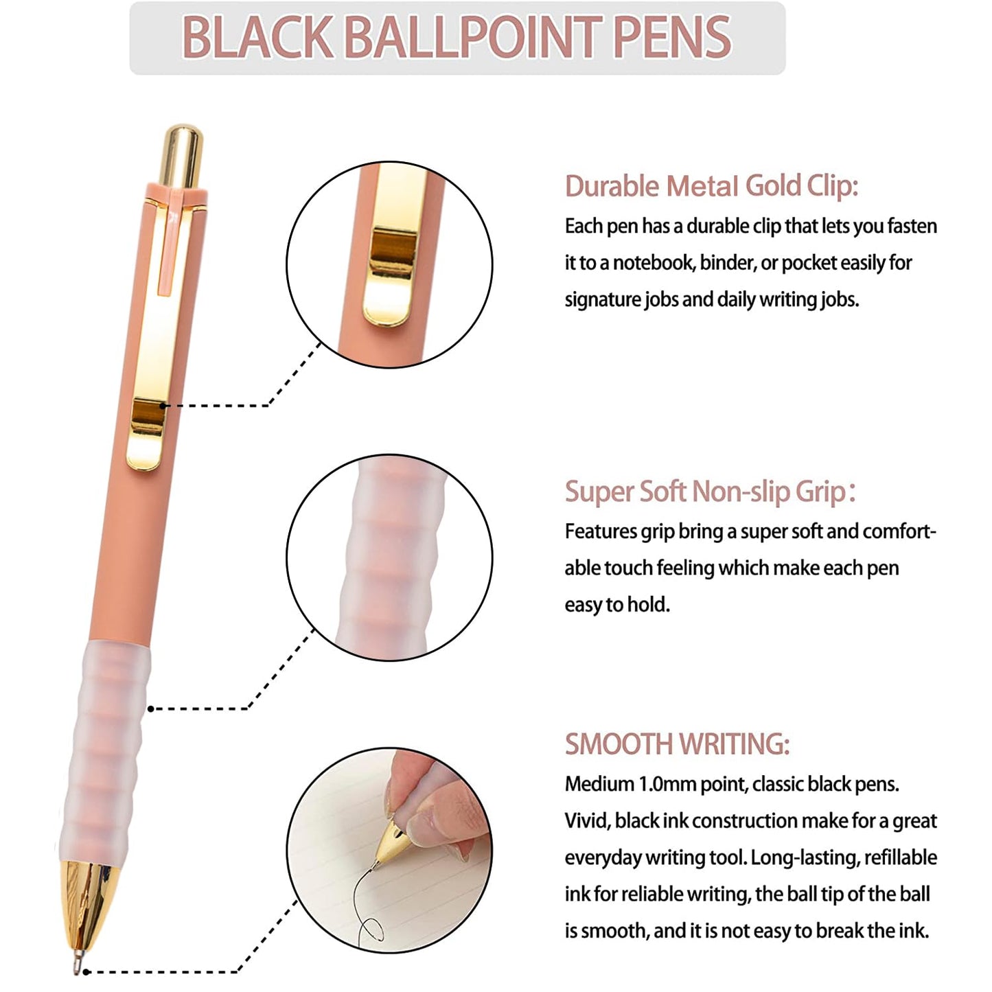 Linbsunne Ballpoint Pens Black Medium Point 1mm Pen with Super Soft Grip Ball Point Pen for Men Women Retractable Pens (gold-12 pcs)