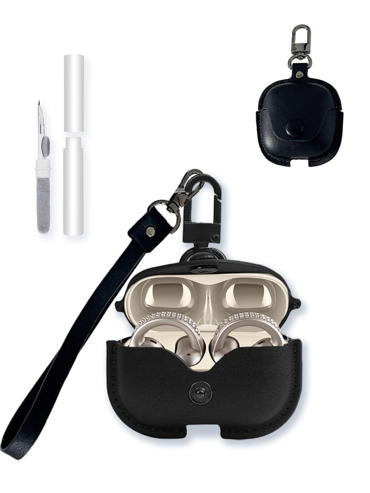 Case for Motorola Moto Buds Clip True Wireless Earbuds,Stylish Retro Soft Protective,BOVUGAC Premium PU Leather Case Cover with Cleaning Kit & Lanyard for Moto Buds Clip Accessories-Black