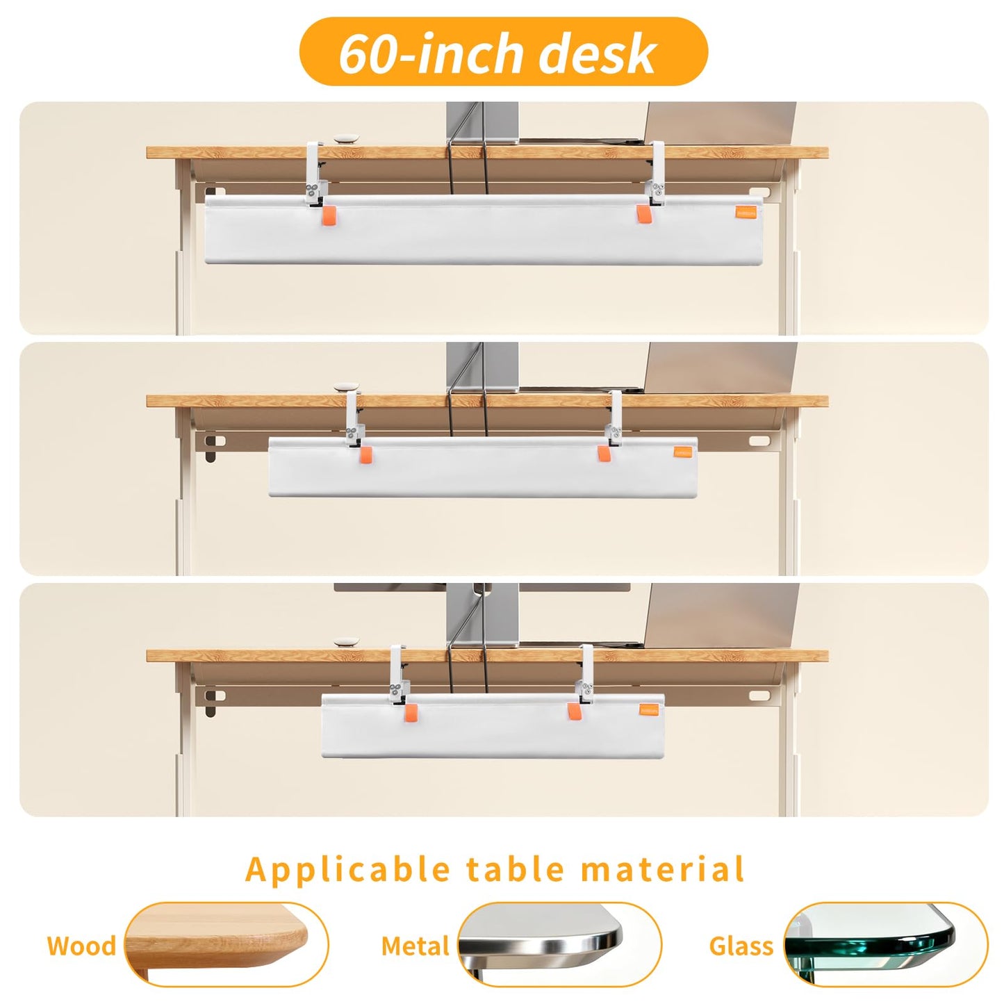 SUREUP9 Under Desk Cable Management Tray with Clamp, No Drill 36" Cord Organizer for Desk, Desk Cable Management Fabric Tray for Standing Desks, Ideal for Home & Office - White