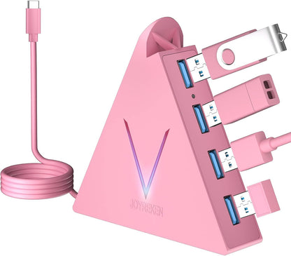 4-Port USB 3.0 Hub, FlyingVHUB Vertical Data USB Hub with 2 ft Extended Cable, for Mac, PC, Xbox One, PS4, PS5, iMac, Surface Pro, XPS, Laptop, Desktop, Flash Drive, Mobile HDD(Pink)