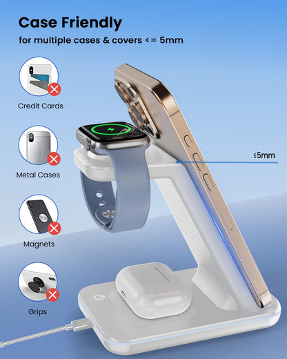 Wireless Charging Station for Apple - 3 in 1 Wireless Charger Stand Dock Watch and Phone Charger Station for Apple Watch 11/8/7/SE/6/5/4/3/2, iPhone 17 16-12 Pro Max SE XS X, Samsung, AirPods Pro/3/2
