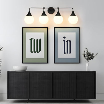 Bathroom Vanity Light Fixtures: 4-Light Mid Century Modern Bathroom Lighting Fixtures Over Mirrors - Matte Black Wall Sconce with Milky Glass Ball Shade for Bath Bedroom