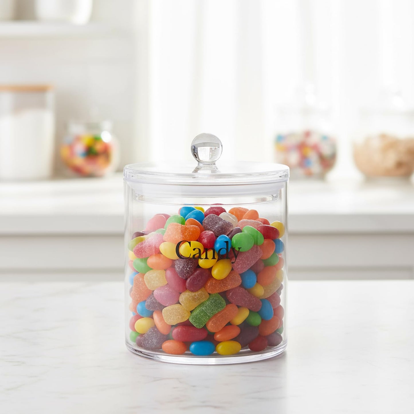 48oz Candy Jar,Airtight Candy Containers with lid,Acrylic Clear Cookie Container Kitchen Details Round, Cookie Jar for Honey, Jelly, Wedding Favors, Sauces,Halloween&Christmas Candy Containers Jar