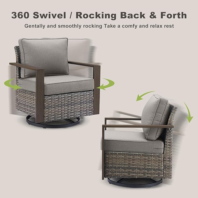 Outdoor Patio Swivel Rocker Chairs - 3 Piece Wicker Patio Furniture Bistro Set with 2 Swivel Rocking Chairs and 1 Metal Side Table,Thick Cushions,Deep Seating for Deck Porch Garden(Mixed Grey/Grey)