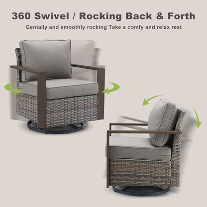 Rilyson Outdoor Wicker Patio Furniture Set - 4 Piece Patio Conversation Set with 2 Wicker Swivel Rocker Chairs,2 Rattan Ottoman, Thick Cushions, Deep Seating, Wide Armrest(Mixed Grey/Grey)