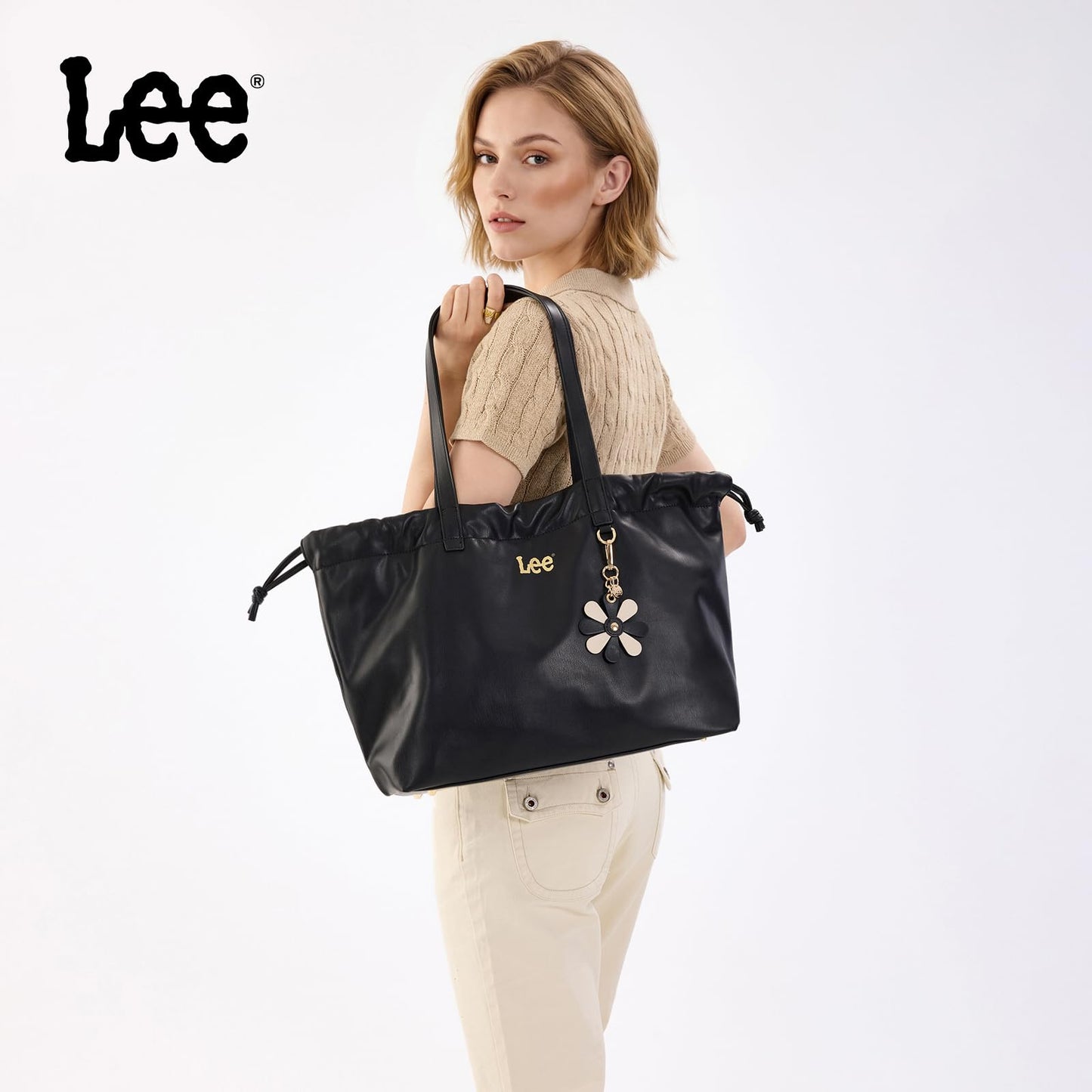 Lee Leather Tote Bag for Women, Spacious Vegan Leather Shoulder Bag & Handbag with Drawstring Closure, Durable Shoulder Straps, Large Capacity Work & Travel Purse, LEE73-001BK