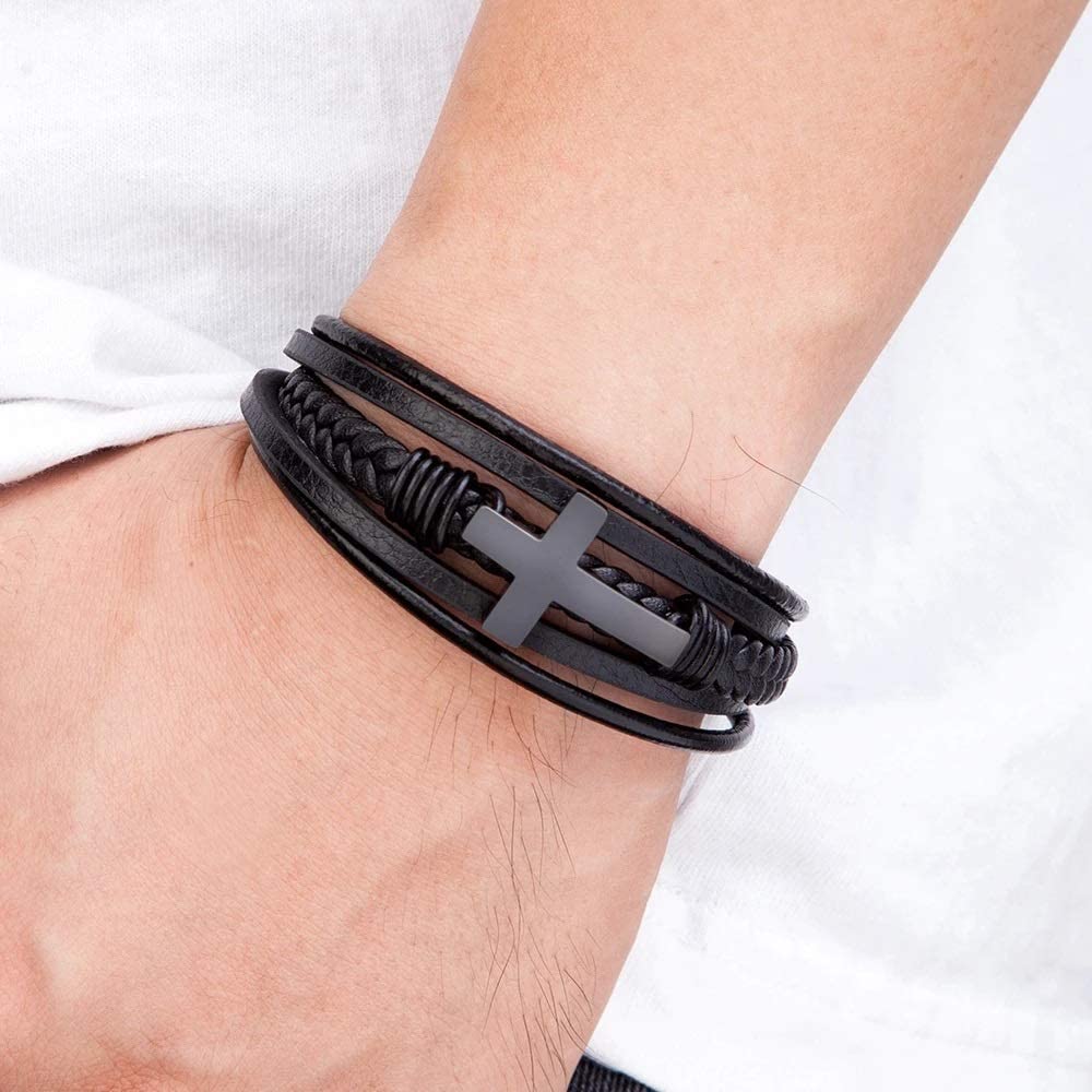 Binatric Multi-Layer Braided Leather Bracelets with Magnetic Clasp Mens Cuff Bracelets for Men Genuine Leather Bracelet Religious Leather Bracelets decorate Gift ((Black, 7.5 Inches))