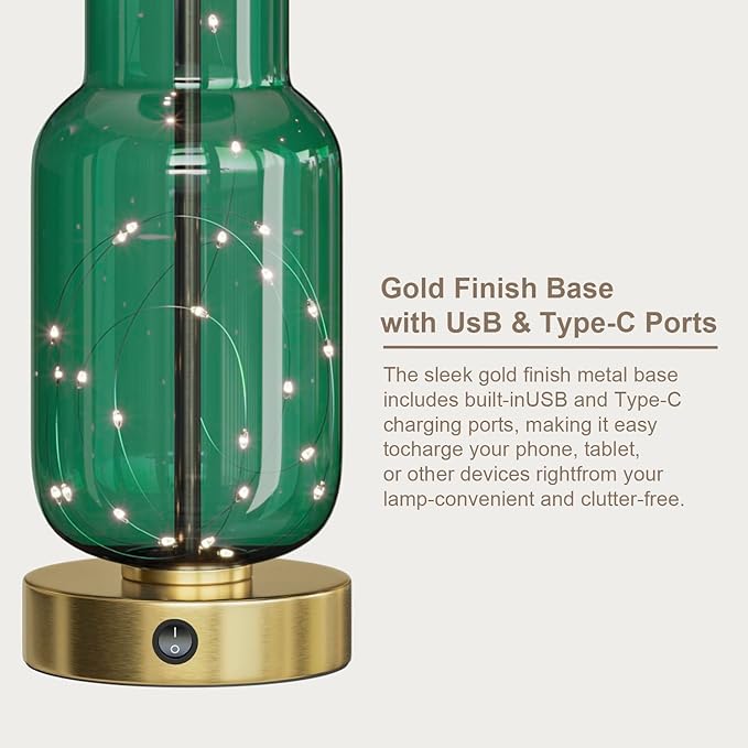 Oneach 22" Glass Table Lamps Set of 2, Green Modern Bedside Lamp with LED Night Light for Living Room, Nightstand Lamp with USB Ports for Bedrooms, Study Room, End Table(2 Bulbs Included)