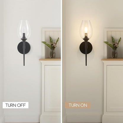 Modern Black Wall Sconces Set of 2, Glass Wall Sconces for Bedroom, Industrial Sconce Wall Lighting for Entryway Bathroom Living Room Stairway