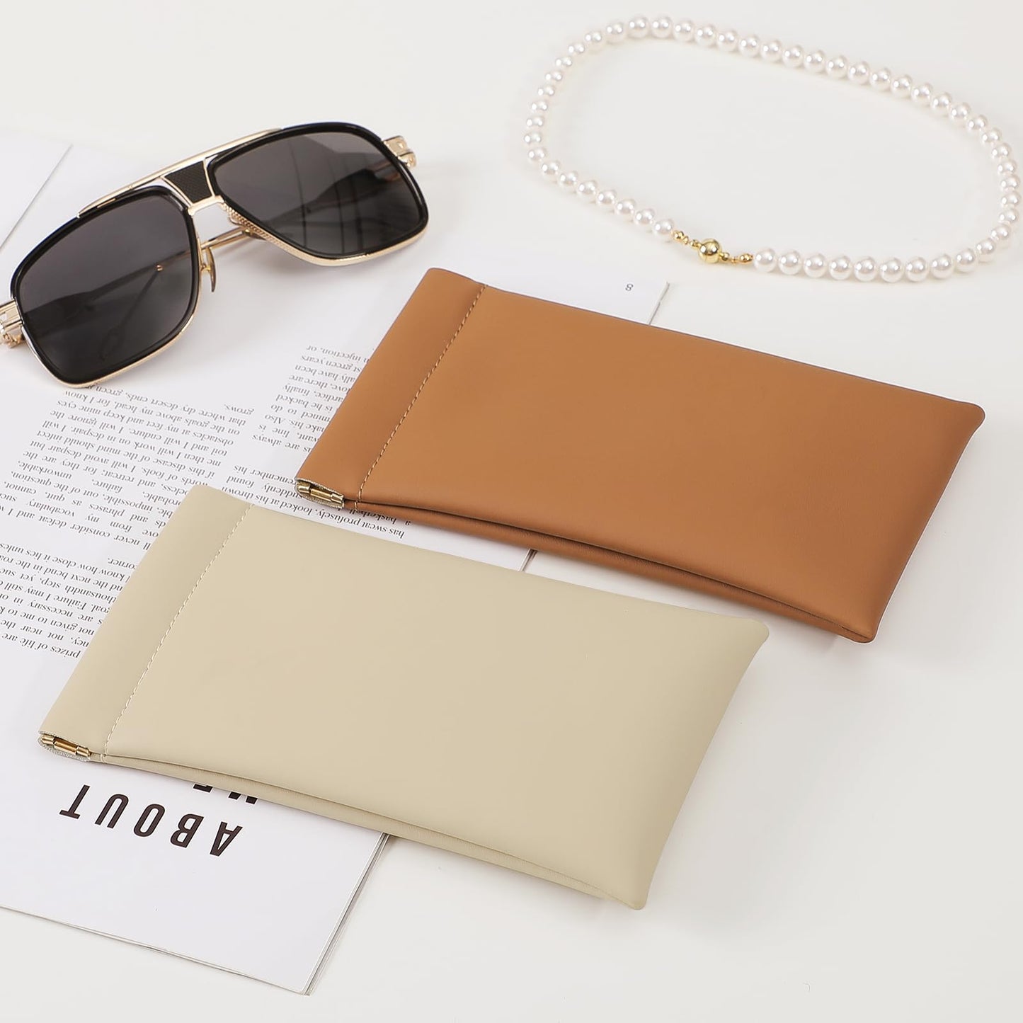 MEIBOOCH Squeeze Top Sunglass Case, New Organosilicon Soft PU Leather Eyeglass Glass Case Travel Large Sunglasses Pouch (No phrase printed, Brown+Beige)