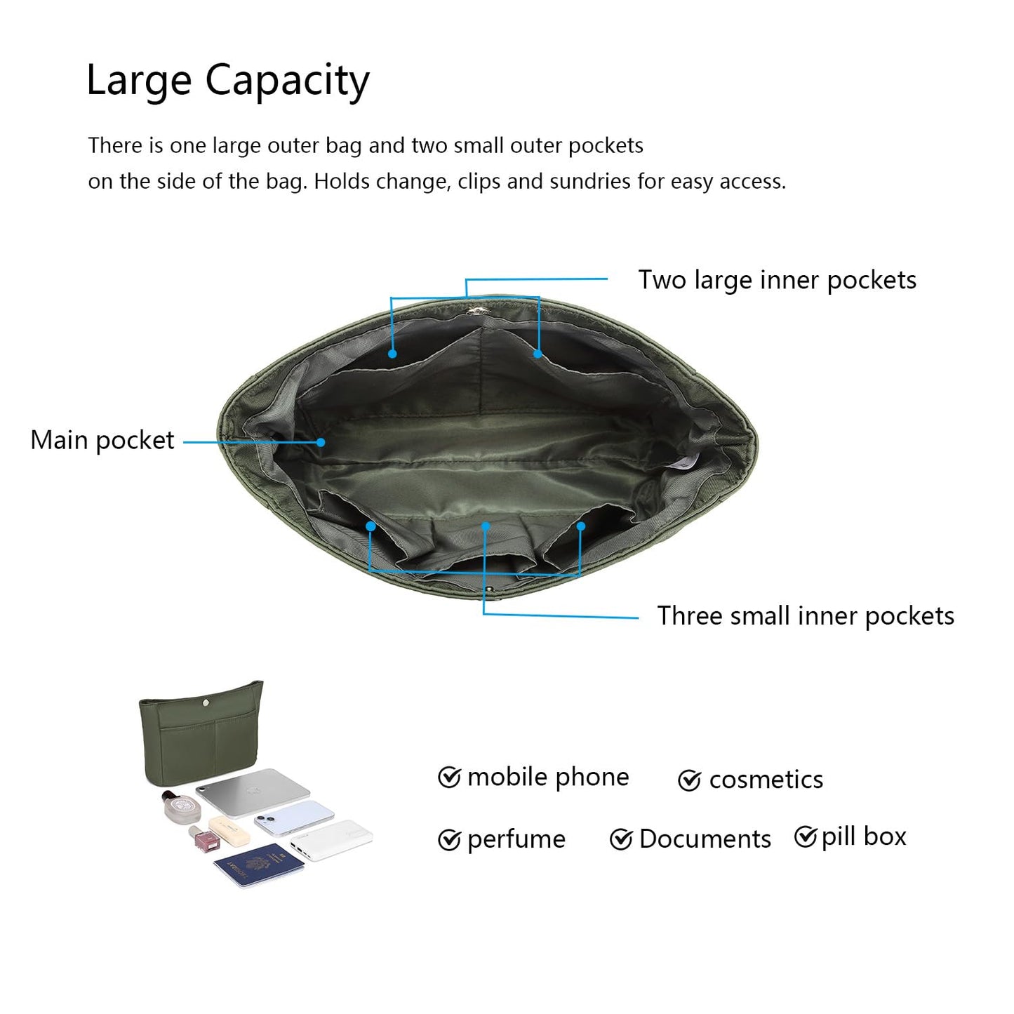 YONEBN waterproof Storage Bag Lightweight Large Capacity nylon Bag Inner Bag Handbag Organizer (Nylon/Army Green)