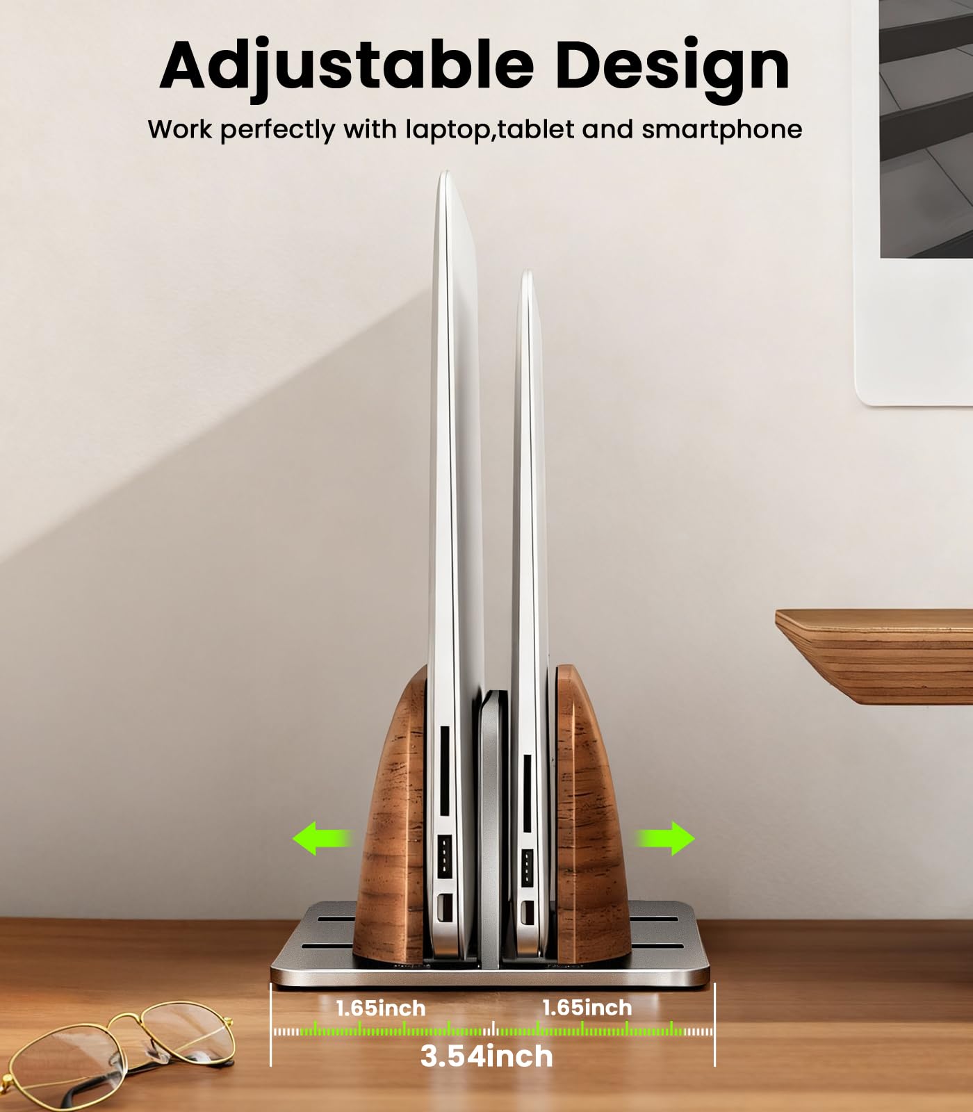 LOXP Vertical Laptop Stand, [Dual Slot Wooden + Aluminum Laptop Holder], Desktop Adjustable MacBook Stand, Adjustable Base, for MacBook Pro/Air, (up to 17.3-inch All laptops)