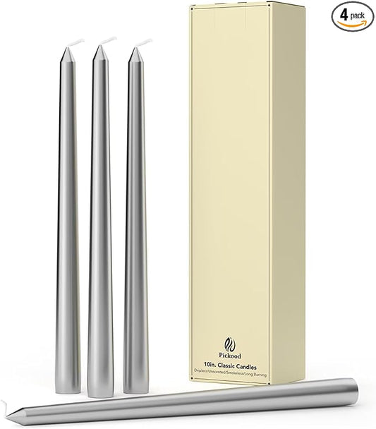 10-Inch Tall Dripless Taper Candles Set of 4 - Silver Tapered Candles, Perfect for Wedding,Christmas - Smokeless, Unscented, Long Burning - Hand Poured, Colored Tall Candlesticks - Plata