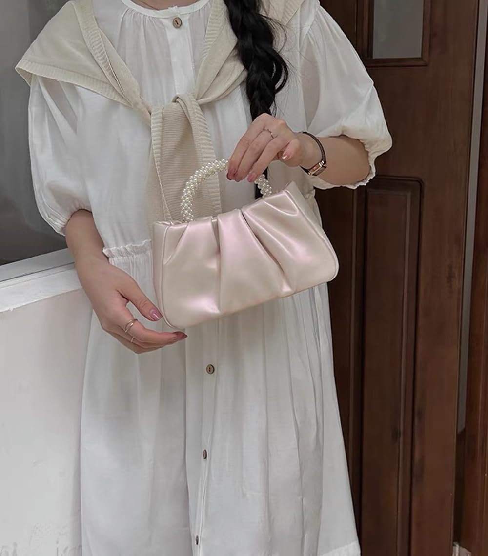 Beatfull Evening Purse Women Small Pearl Handbags Soft Leather Ruched Bag Wedding Bridal Clutch Party Prom Crossbody Purses