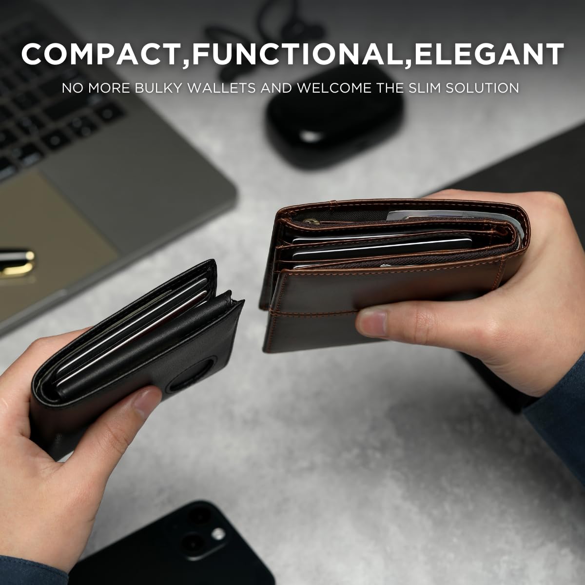 KLOMORE AirTag Chain Wallets for Men (Airtag Not Included), Sleek and Slim, RFID Blocking Genuine Leather Bifold Mens Wallet Includes ID Window Credit Card Holder with Sturdy Chain