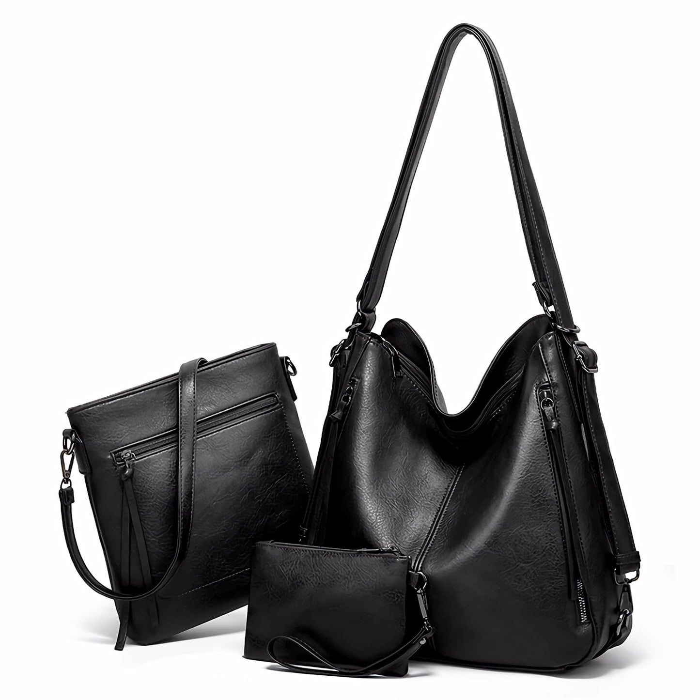 PU Leather Purses 3PCS, Hobo Crossbody Bags Set for Women, 3 in 1 Convertible Backpack for Ladies Shoulder Bags satchel Bags (Black)