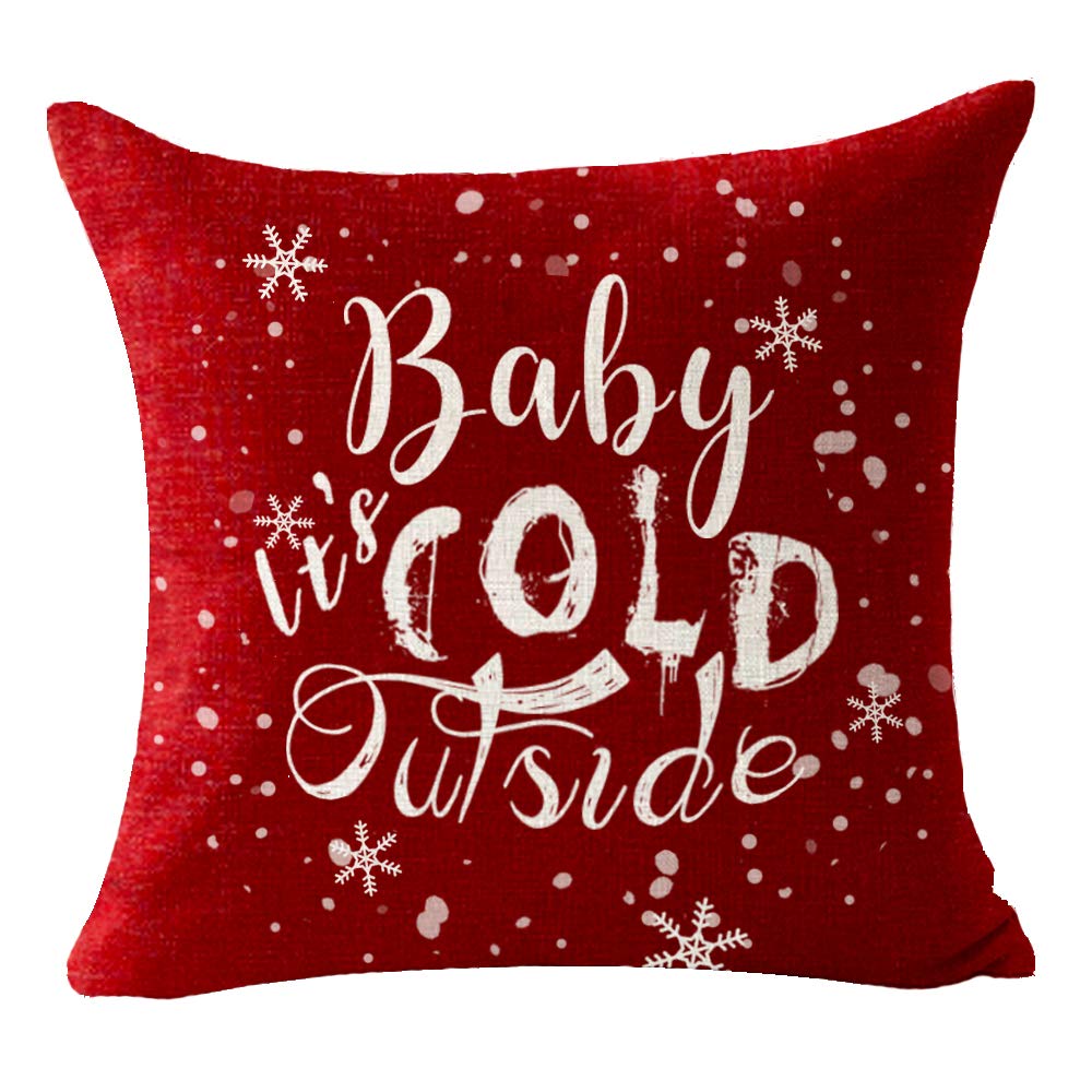 Andreannie Set of 4 Merry Christmas Snowflake Let It Snow Baby It's Cold Outside Red Deer Cotton Linen Decorative Pillow Cover Cushion Case for Sofa Bed Couch Home Decor Square 18 inches