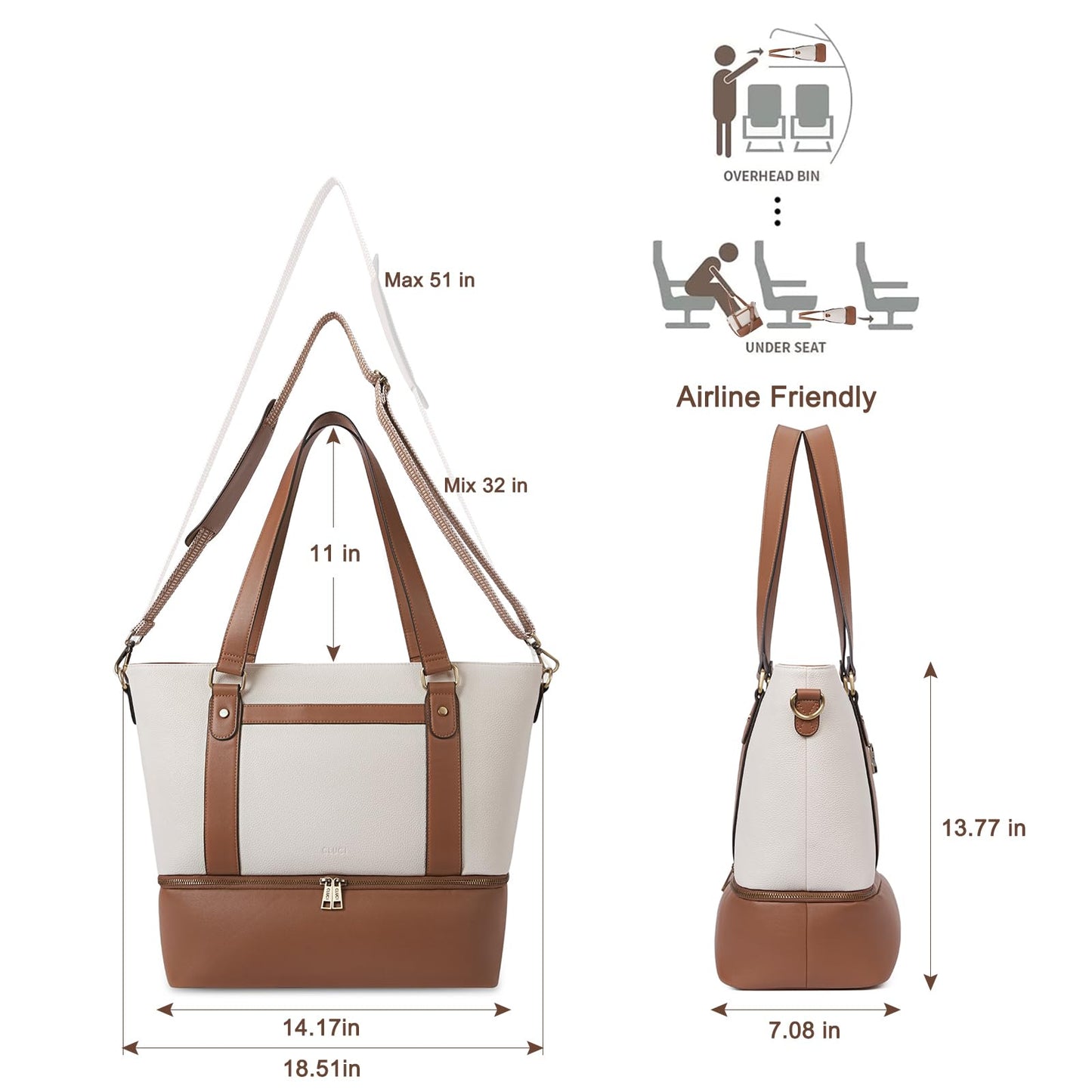 CLUCI Travel Leather Duffel Bag Weekender Bag for Women Carry on Overnight Bag Beige with Brown