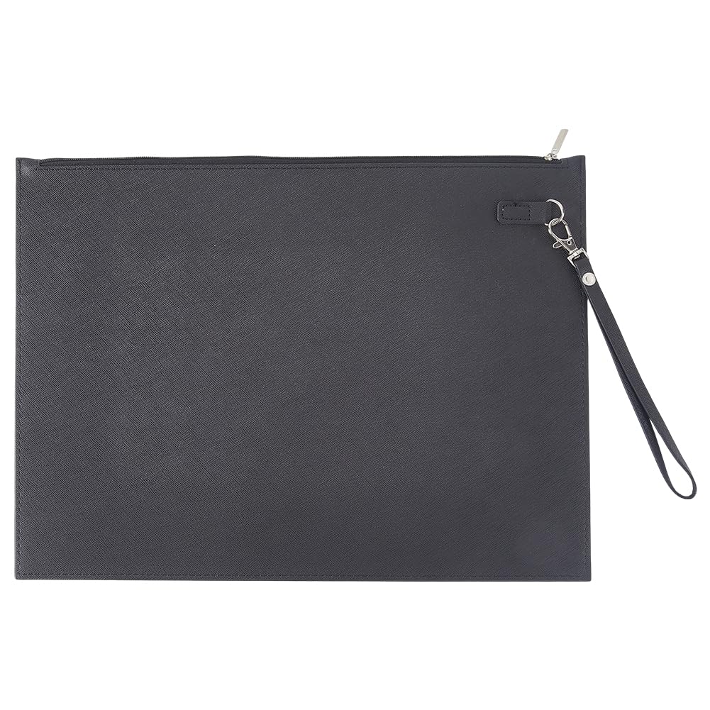 CALFOVERA A4 PU Leather File Holder with Removable Hand Strap Black Thin Document Folder Waterproof Portfolio Filing Zipper Pocket Oragnizer Bag Case for Receipt Contract Stationery Tablet