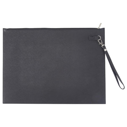 CALFOVERA A4 PU Leather File Holder with Removable Hand Strap Black Thin Document Folder Waterproof Portfolio Filing Zipper Pocket Oragnizer Bag Case for Receipt Contract Stationery Tablet
