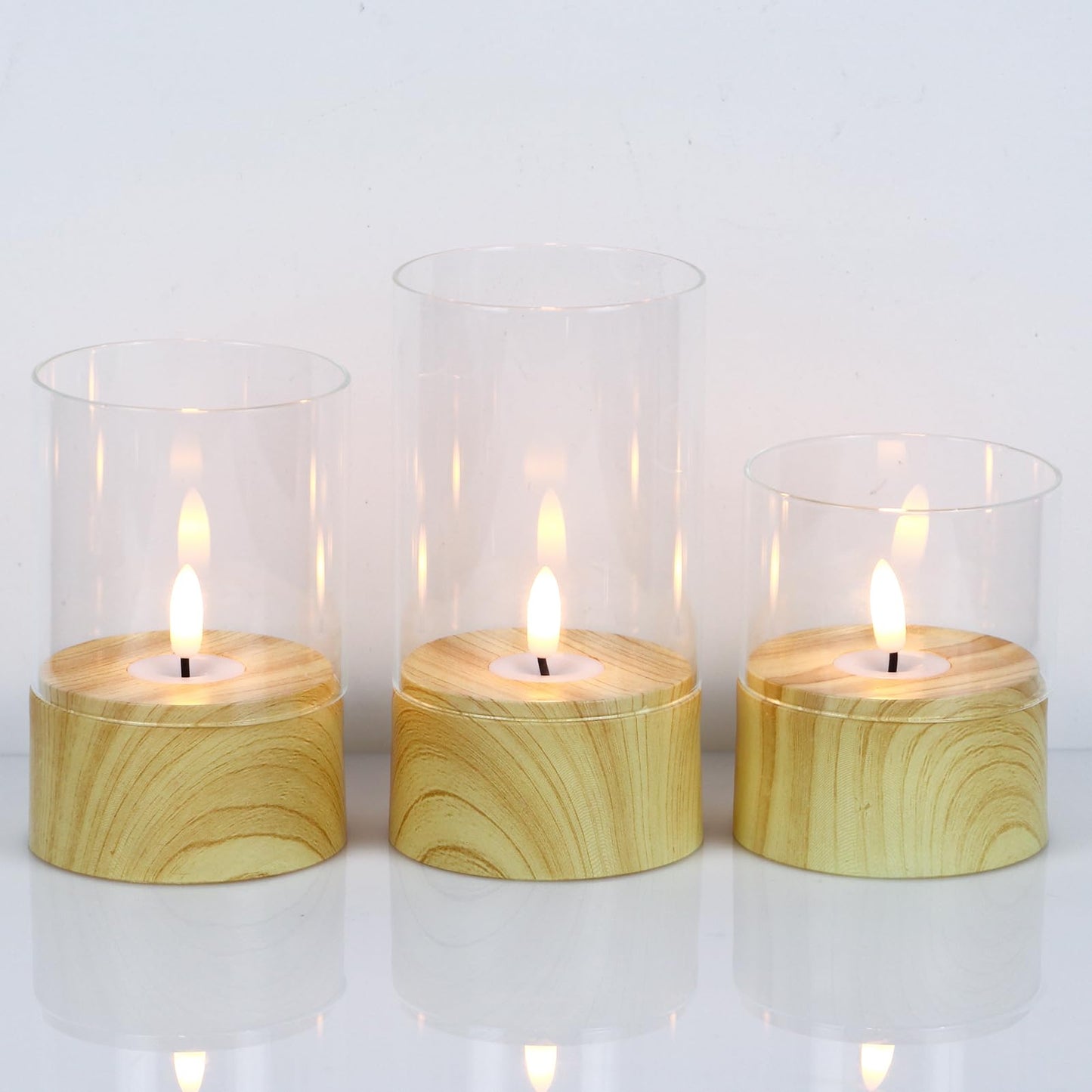 KunSwenn Battery Operated Candles with 6H Timer, 3 Pack Glass LED Flikcering Flameless Candles, Clear Pillar Candles with 3D Flame for Spring Wedding Home Bedroom Decor(Set of 3)