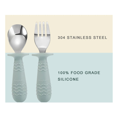 PandaEar 6 Pieces Baby Toddler Silicone Stainless Steel Utensils Silverware Spoon Fork for Baby Toddler BPA Free with Silicone Holding Anti-Choke Design (Blue Pink White)