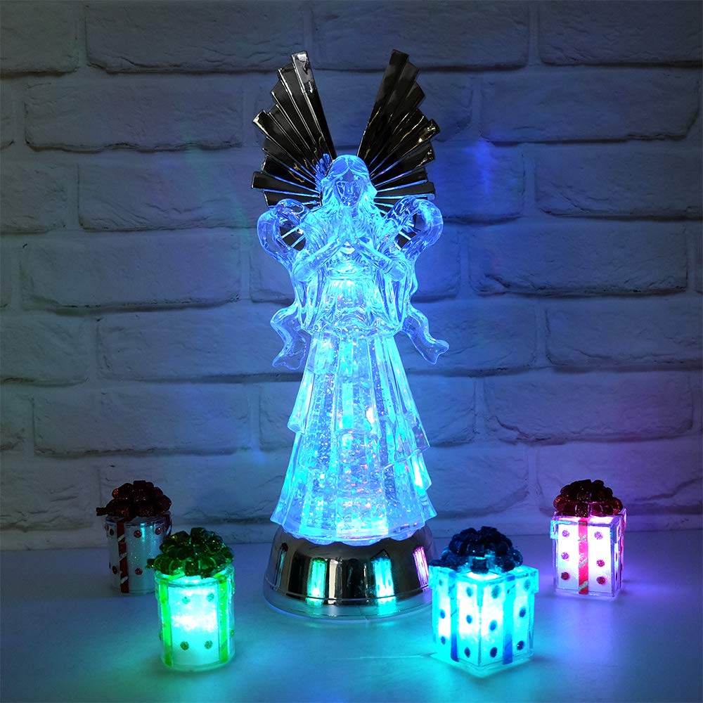 DRomance 14" Angel Snow Globe Lantern Battery Operated with 6 Hour Timer Color Changing LED Light Praying Angel Swirling Glitter Water Lamp Thanksgiving Christmas Holiday Decor Gift