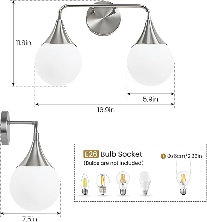 Bathroom Vanity Light Fixtures: Brushed Nickel 2-Light Mid Century Farmhouse Bathroom Lighting Fixtures Over Mirror - Wall Sconce with Frosted Globe Glass for Hallway Restroom