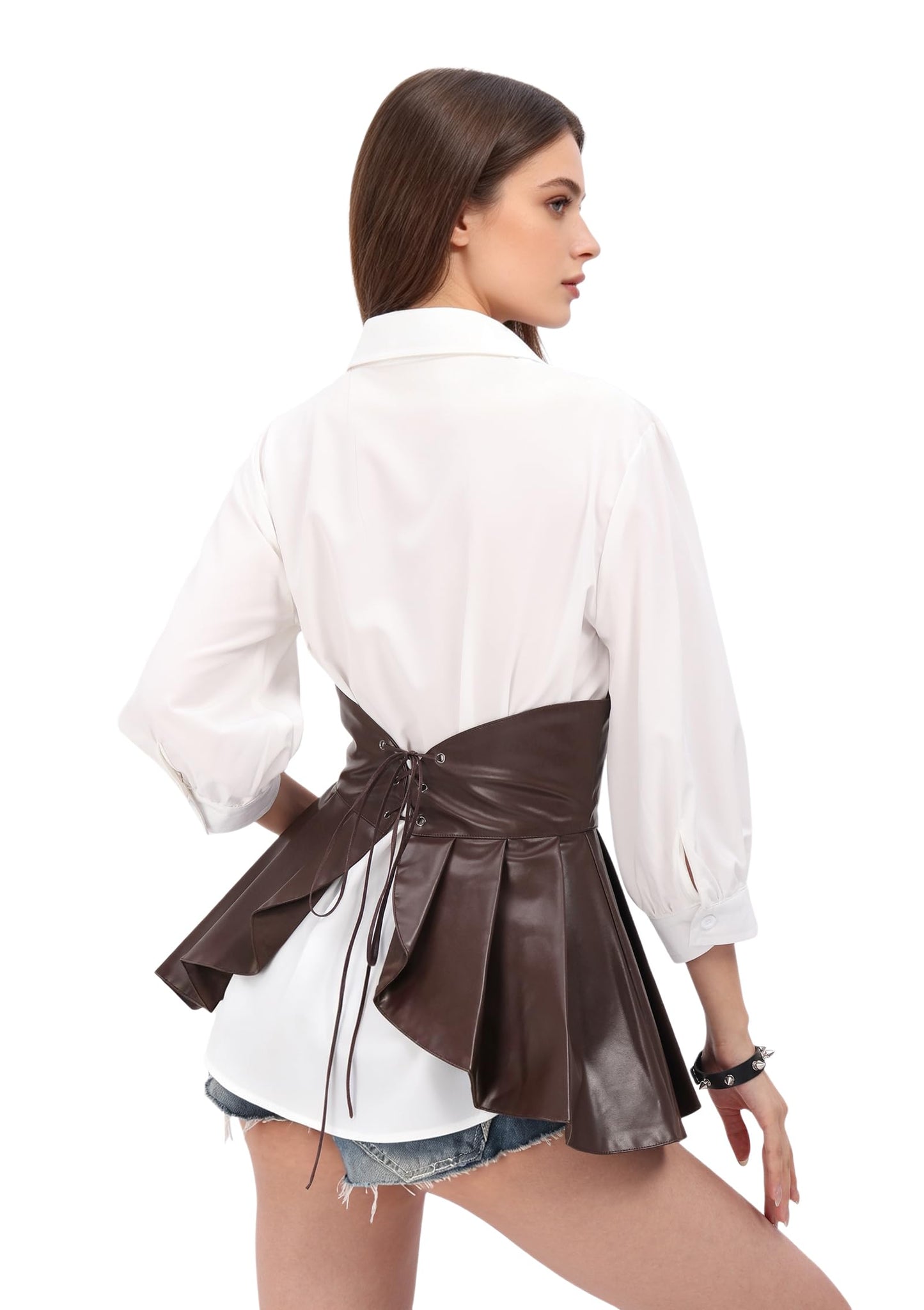 DAZCOS Gothic Retro Faux Leather Waist with Ruffle Adjustable Corset for Lolita Dark Style Dresses (US, Alpha, Small, Regular, Regular, Brown)
