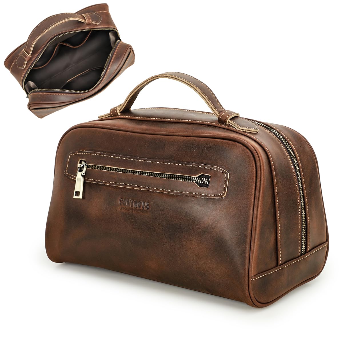 Contacts Full Grain Leather Travel Toiletry Bag for Men Wash Bag Bathroom Shaving Dopp Kit Toiletries Organizer Vintage Cosmetic Bag