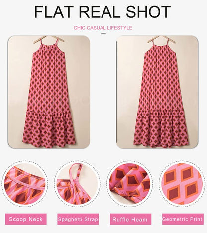 Dokotoo Women Summer Dresses 2025 Spaghetti Strap Scoop Neck Smocked Ruffle Flowy Boho Maxi Dress