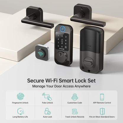 Keyless Door Lock with Handle Set - SMONET WiFi Fingerprint Smart Locks for Front Door, App Remote Control, Digital Bluetooth Keypad Deadbolt Set with Alexa, Auto Lock, Code, Fobs for Home Black