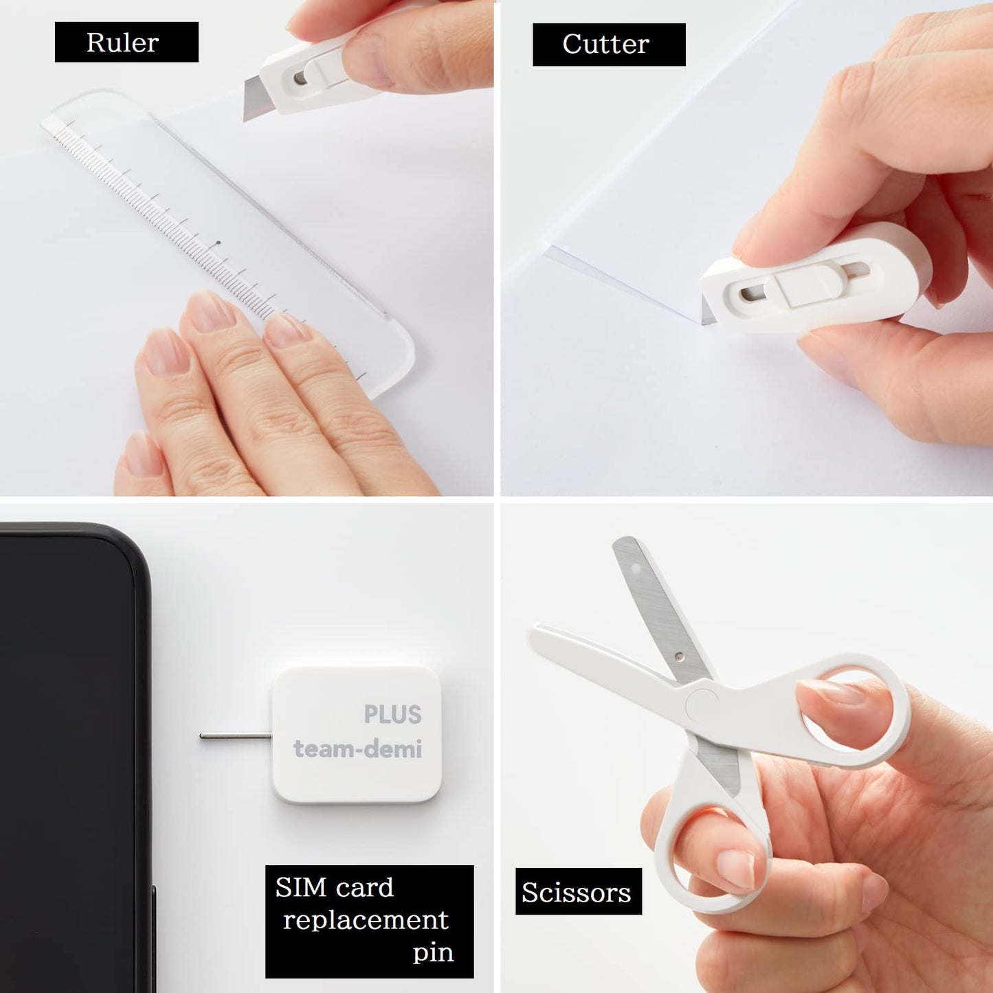 team-demi Plus Stationery Kit White (Scissors, stapler, tape, liquid glue, cutter, ruler, tape measure, pin for SIM card replacement) TD-001 30-210 With Original Stylus Ballpoint Touch Pen
