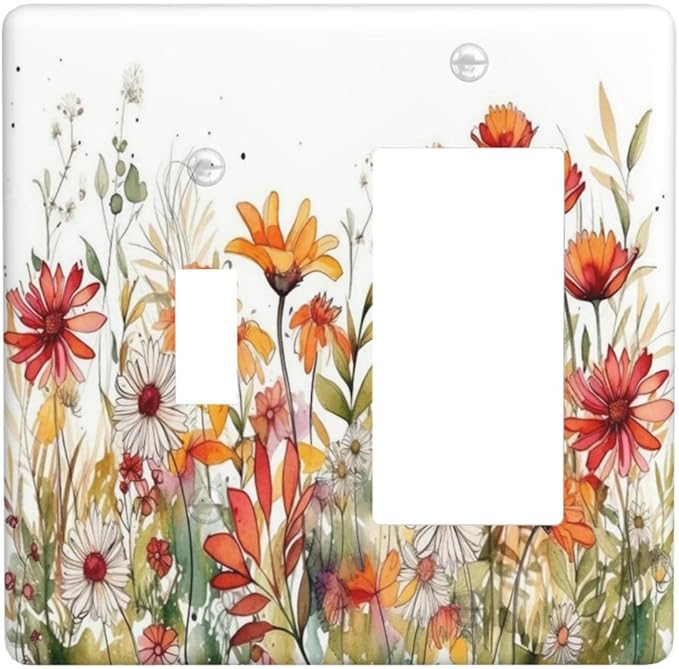 Watercolor Wild Flower Floral 2 Gang Light Switch Covers Single Toggle Rocker Combo Wall Plate Electrical Faceplate Decorative Switchplate for Nursery Bedroom Bathroom Decor