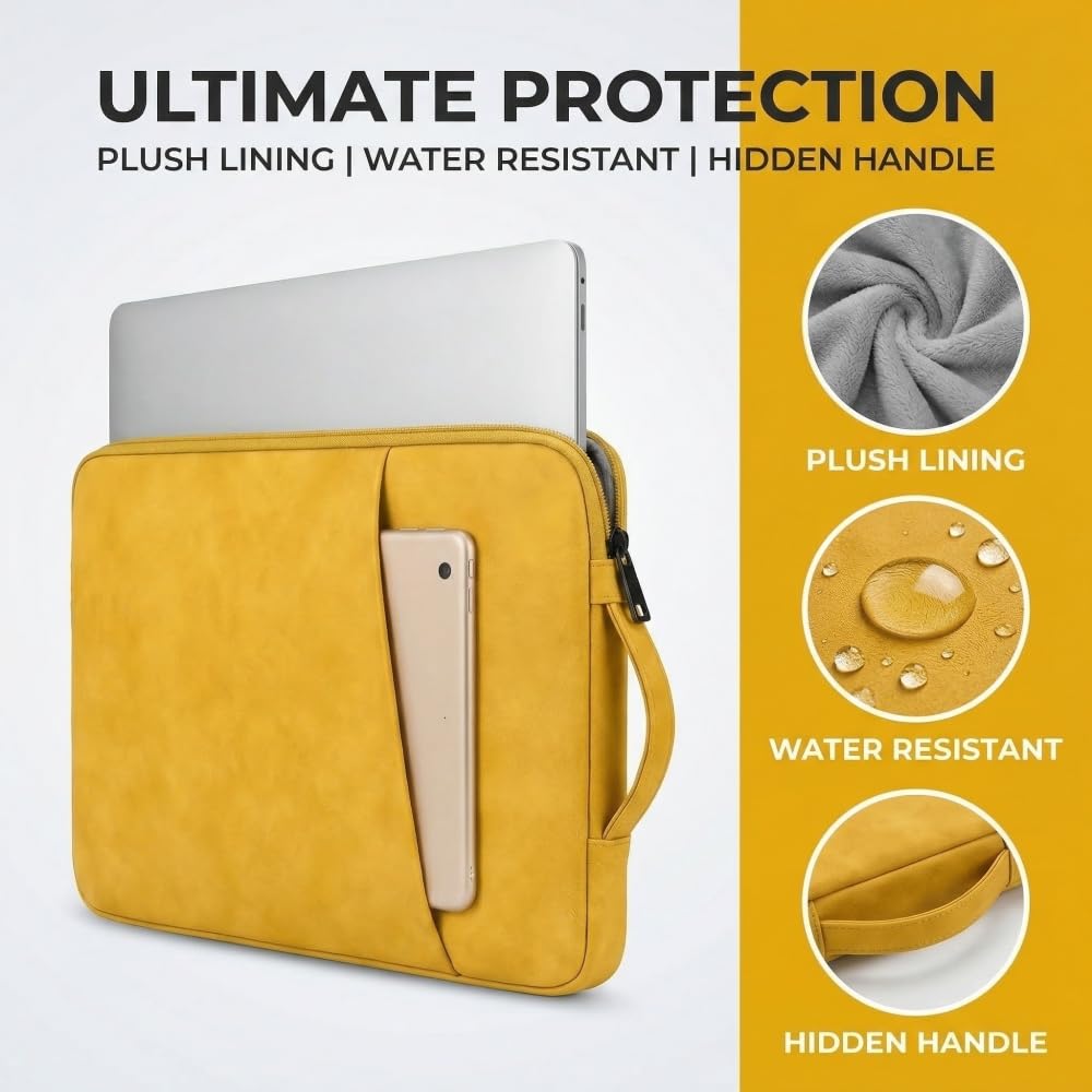 PU Leather Laptop Sleeve 14 inch, Slim Laptop Carrying Case Bag Computer Sleeve Cover Compatible with MacBook Air/Pro, HP, Dell, Lenovo, Asus(Yellow)