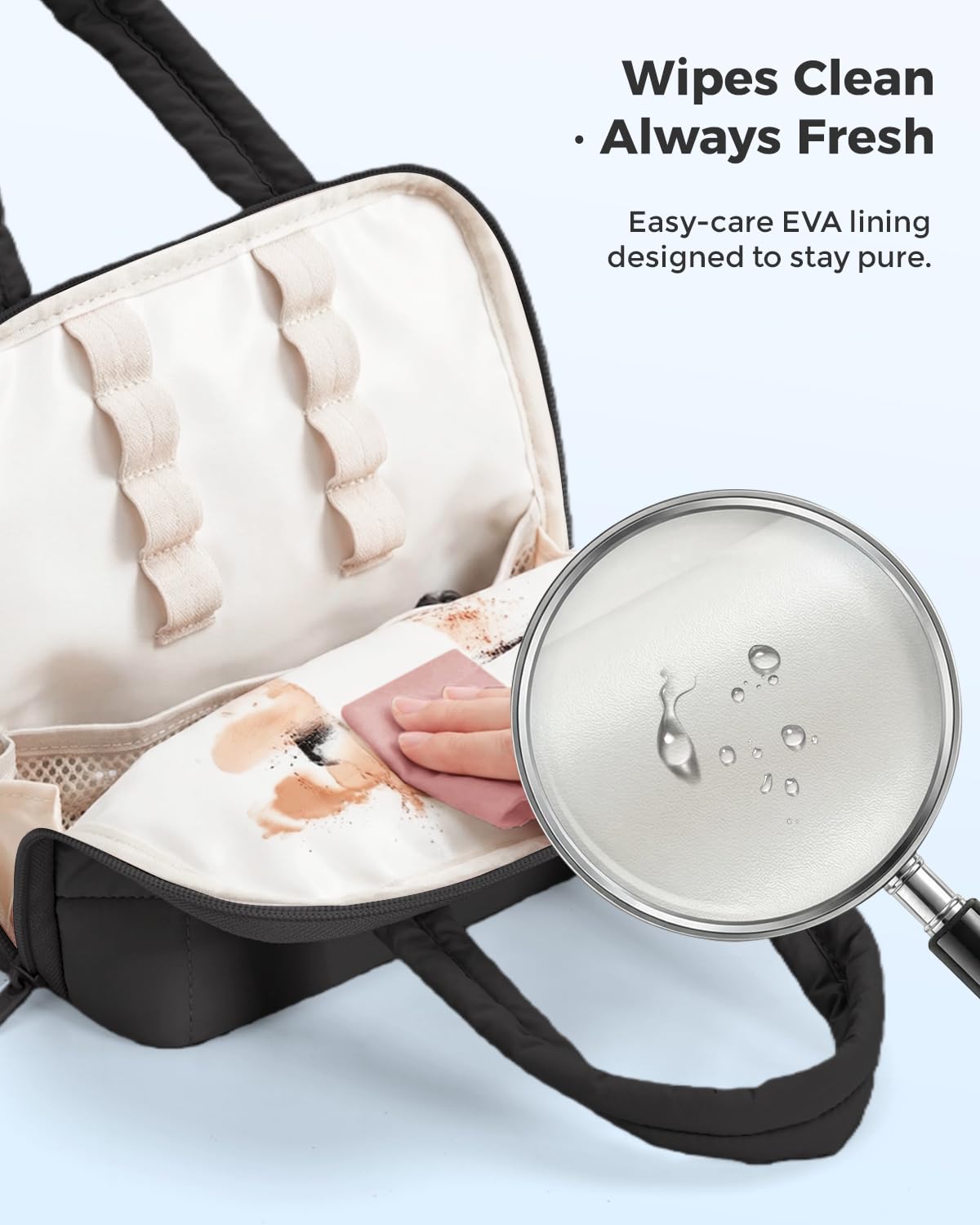 Wandering Nature Standing Makeup Bag for Travel, Portable Fold-down Cosmetic Organizer, Puffer Open Make Up Pouch with Handle & Divider & Brush Holder, Easy Clean Toiletry Bag with EVA Lining