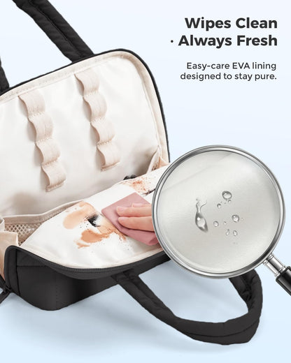 Wandering Nature Standing Makeup Bag for Travel, Portable Fold-down Cosmetic Organizer, Puffer Open Make Up Pouch with Handle & Divider & Brush Holder, Easy Clean Toiletry Bag with EVA Lining