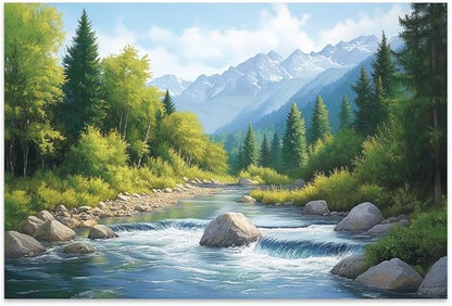 Yesad Serene Nature Wall Art, Landscape Canvas Wall Art Forest Pictures Prints Mountain Painting Scenery Poster Wall Décor for Farmhouse Living Room Bedroom (Unframed,18”x12”,Stream)