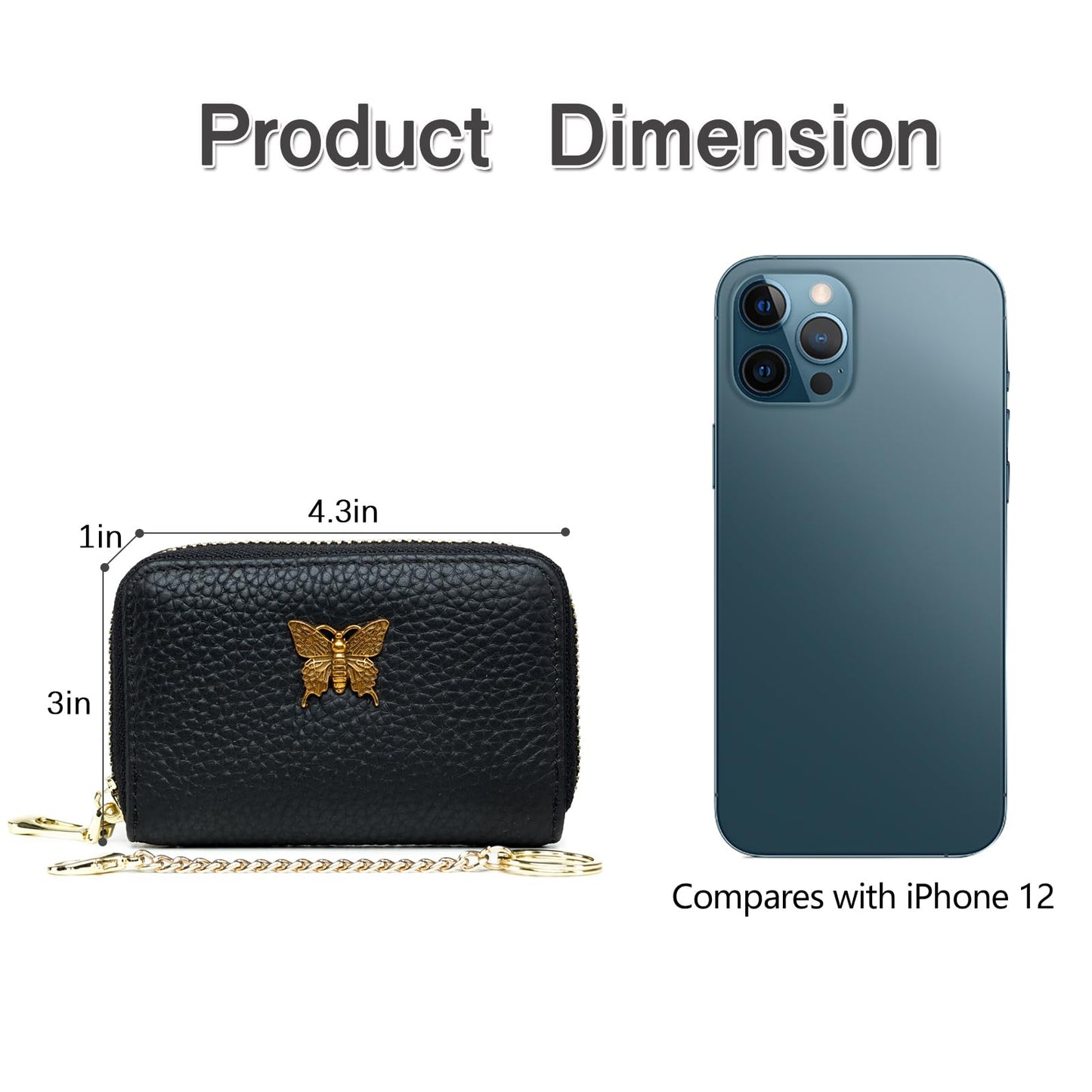 imeetu RFID Credit Card Holder for Women Genuine Leather Card Case Wallet with Zipper and Removable Keychain (Black)