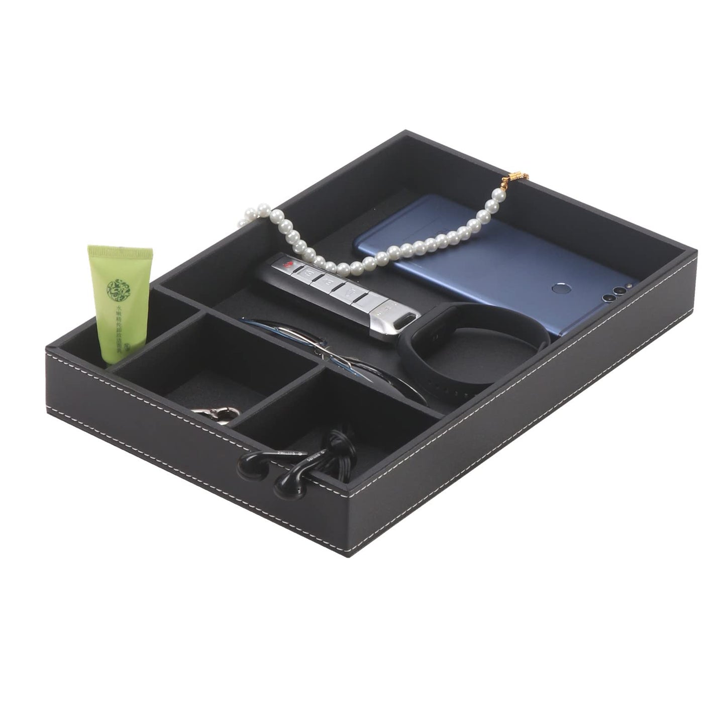 SYRWDXTX Guestroom Decoration Tray, Nightstand or Dresser Organizer, Valet Tray, 4 Compartment PU Leather Drawer Storage Organizer